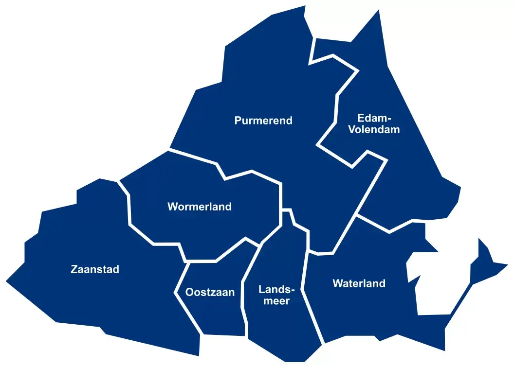 De 7 gemeenten in de regio Zaanstreek-Waterland: Purmerend, Edam-Volendam, Waterland, Landsmeer, Wormerland, Oostzaan en Zaanstad