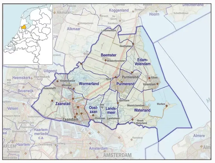 De gemeenten binnen de veiligheidsregio Zaanstreek-Waterland